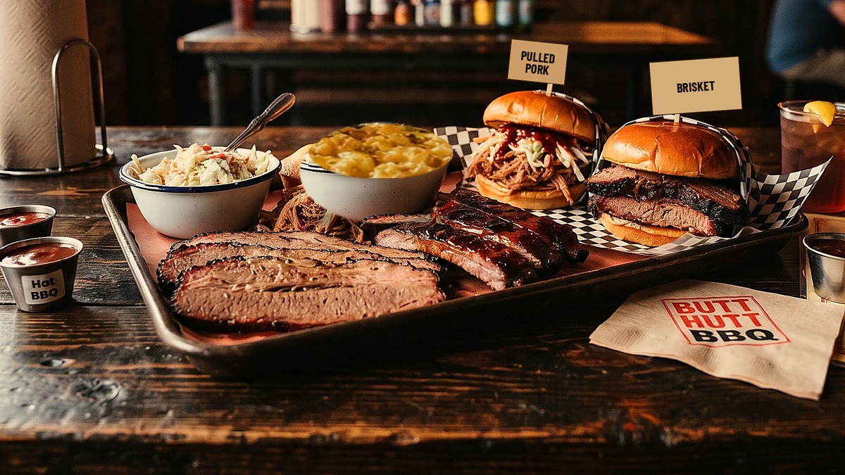 Brisket, ribs, and sandwiches on the table